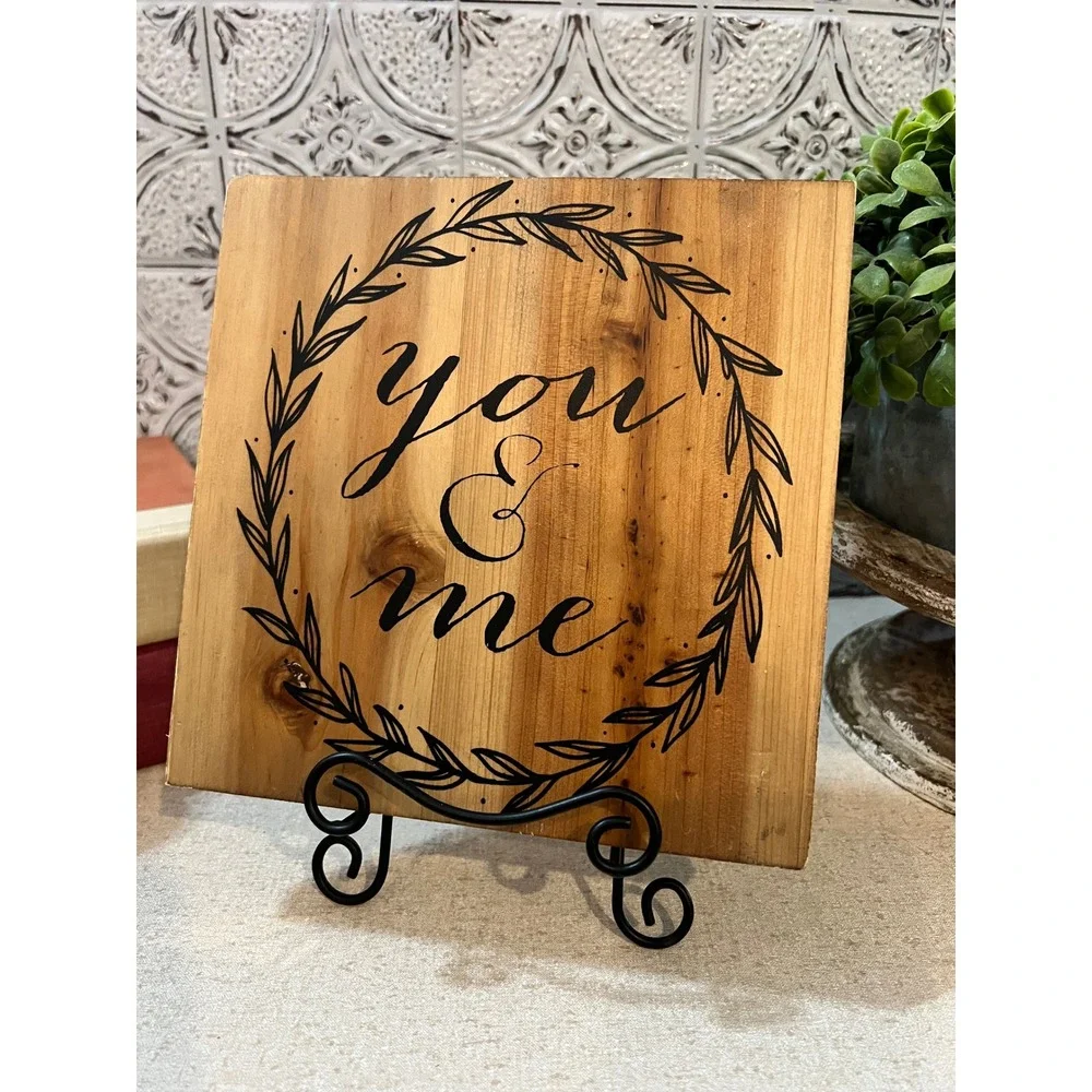Rustic Wood Block Sign You & Me Farmhouse Wreath Square Plaque Decor 8x8
